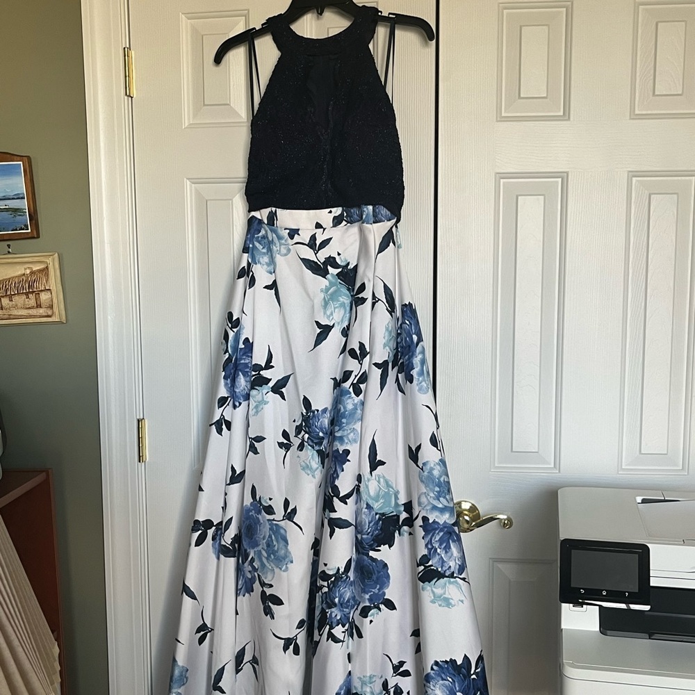 navy blue floral 2 piece long prom dress size 11